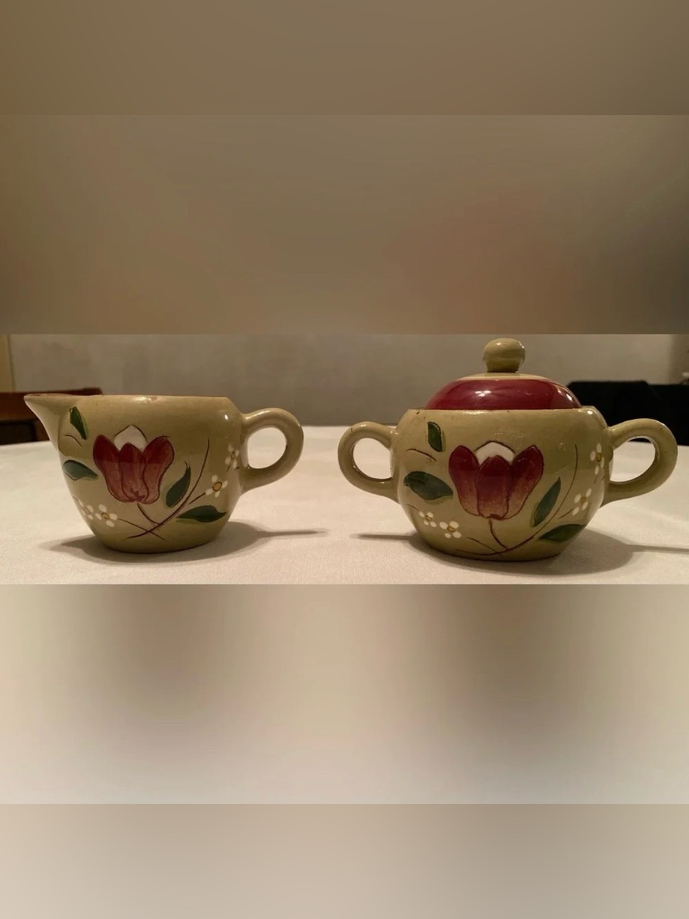 Stangl Pottery 'Magnolia' Lidded Sugar Bowl & Creamer Set Mid Century Modern